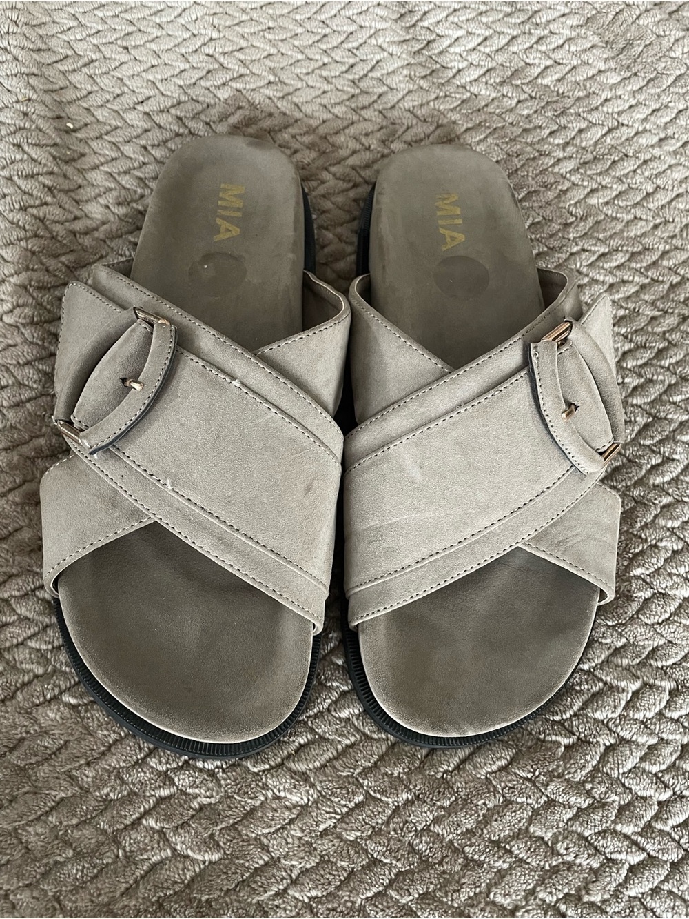 MIA Taupe Buckle Slide Sandals